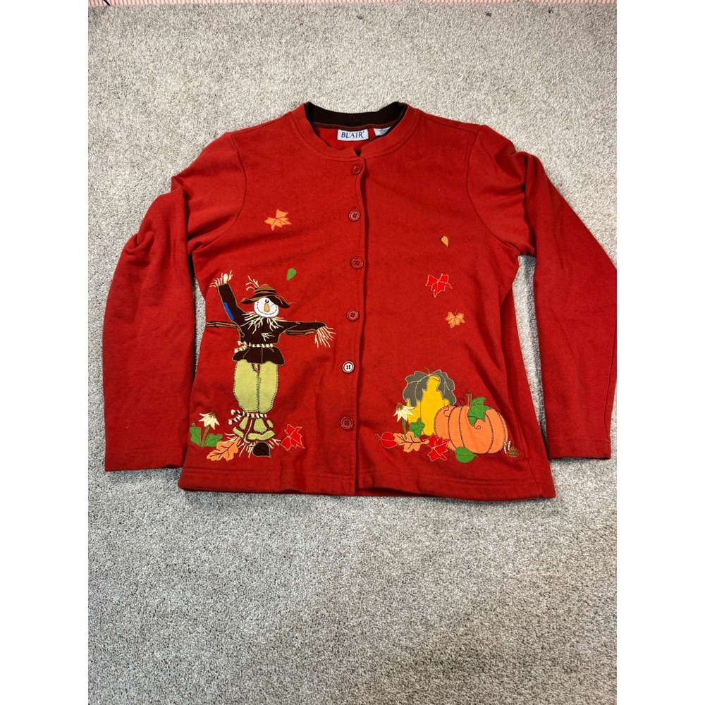 Blair Womens Small Fall Scarecrow Pumpkin Embroidered Fleece Cardigan Rust Red